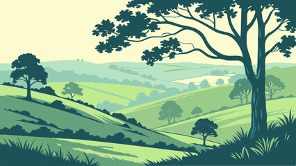 Naklejka premium Scenic countryside landscape vector with rolling green hills and trees view