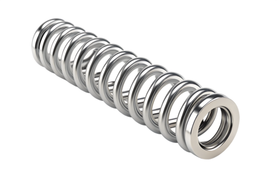 A close up shot of a metal compression spring with a shiny surface on a dark background in studio