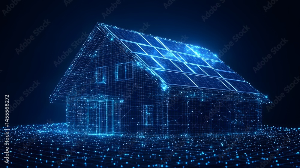 Poster futuristic house design featuring a wireframe model with solar panels on a digital grid. modern tech
