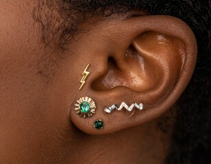 Closeup of Woman's Ear with Multiple Gold and Emerald Piercings