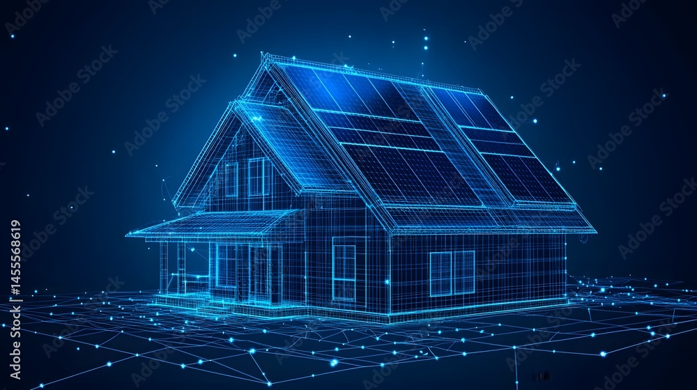 Aufkleber Futuristic smart home concept featuring a wireframe house integrated into a digital network. Energy efficient design meets technological innovation. Abstract Digital low-poly wireframe connected