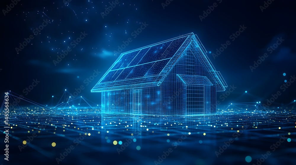Aufkleber futuristic house with solar panels floats above a digital grid. a technological vision of sustainabl