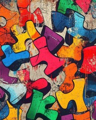 Vibrant Abstract Puzzle Piece Graffiti Art on Distressed Wall Surface with Bold Colors