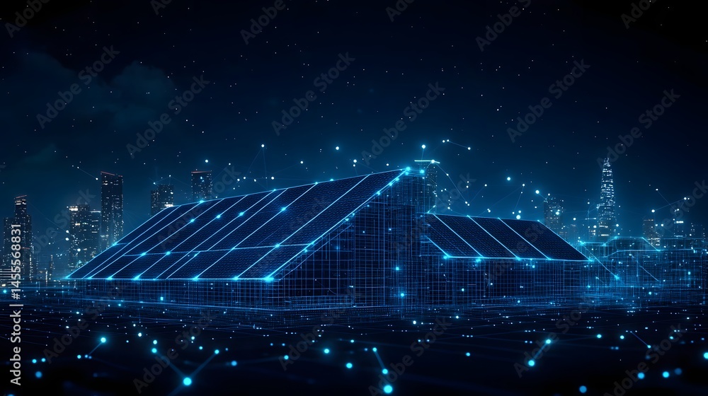 Poster Futuristic house rendering against a glowing cityscape. Digital wireframe design with illuminated nodes and solar panels.Abstract Digital low-poly wireframe connected dots in dark blue