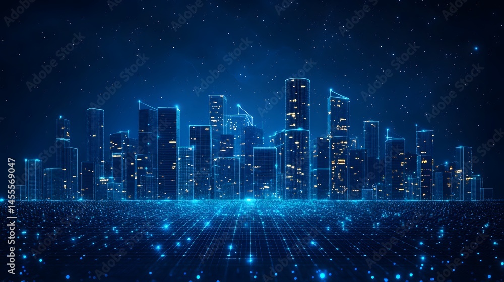 Aufkleber futuristic cityscape at night with glowing blue skyscrapers and warm yellow windows. a digital grid 