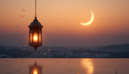 Fototapeta premium Ramadan Eid Mubarak minimalist background with crescent moon and lantern