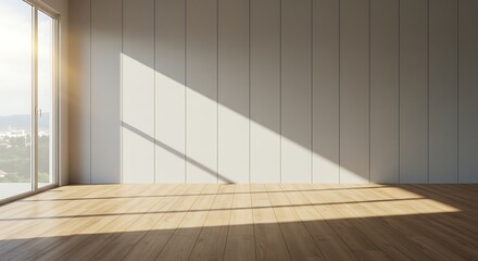empty room and wood laminate floor with sun light cast the shadow on the wall panel, Perspective of minimal interior design background