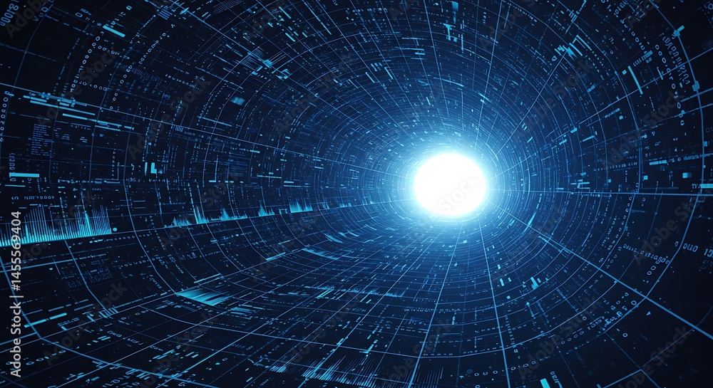 Fototapete virtual reality tunnel or wormhole. perspective grid of empty tunnel with light in the end. matrix d