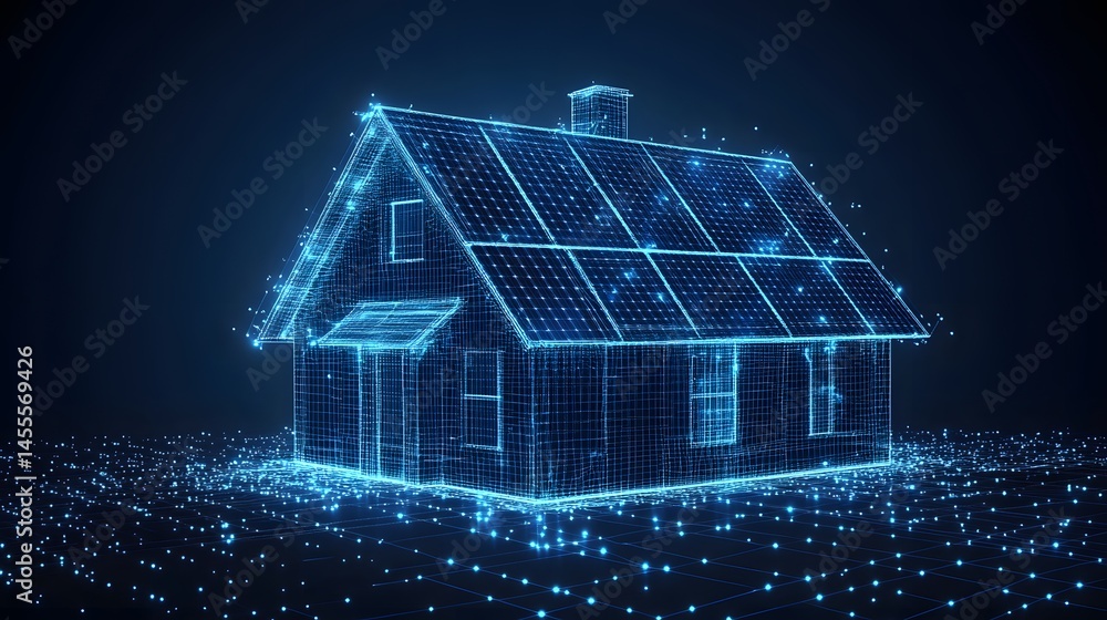 Poster futuristic blue wireframe house with solar panels, floating particles, and a grid ground. a technolo