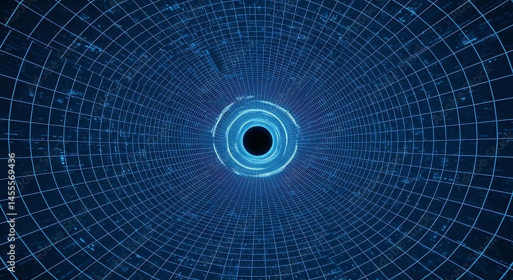 Fototapete virtual reality tunnel or wormhole. perspective grid of empty tunnel with light in the end. matrix d