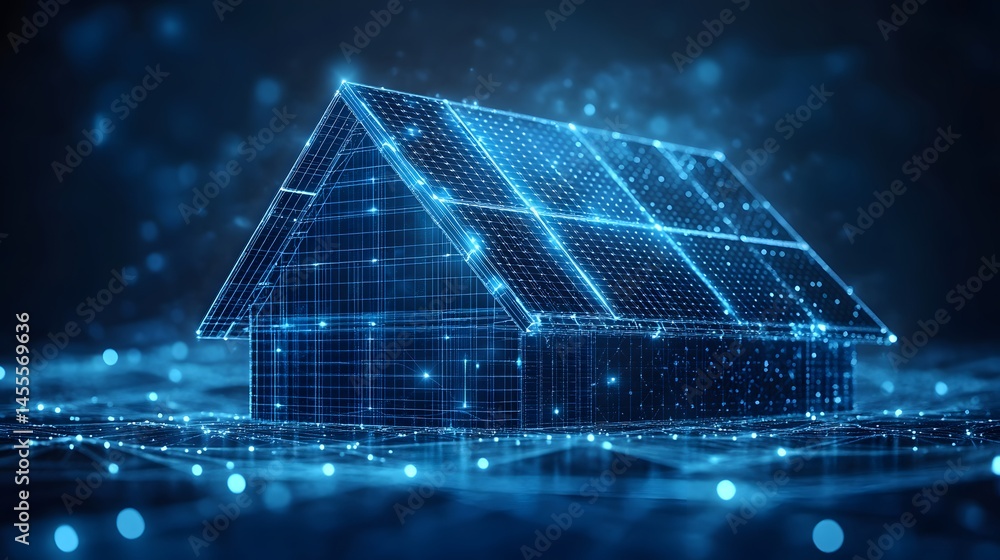 Fototapete Futuristic smart home concept with a glowing blue wireframe house on a networked surface. A high-tech and connected vision. Abstract Digital low-poly wireframe connected dots in dark blue