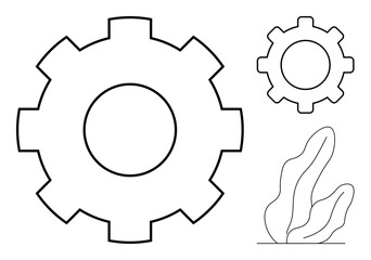 Two gear shapes in different sizes symbolizing technology and process, alongside organic plant-thumbs up shapes. Ideal for innovation, teamwork, development, nature, growth, sustainability, simple