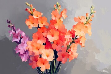 Vibrant bouquet of flowers in shades of orange and pink.