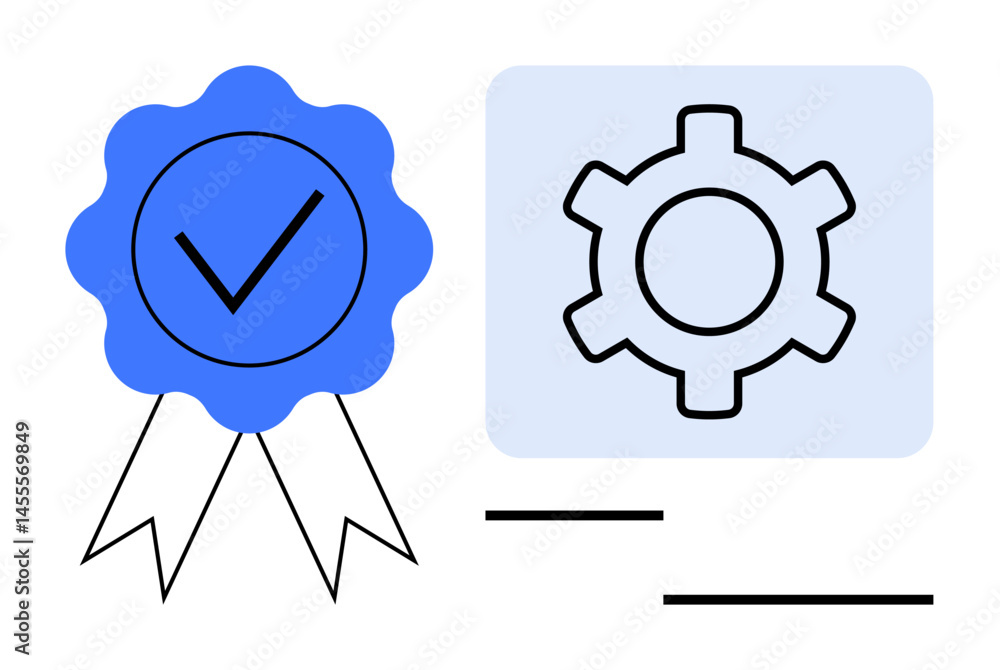 Poster blue badge with checkmark symbolizing quality assurance next to a gear icon for system operation. id