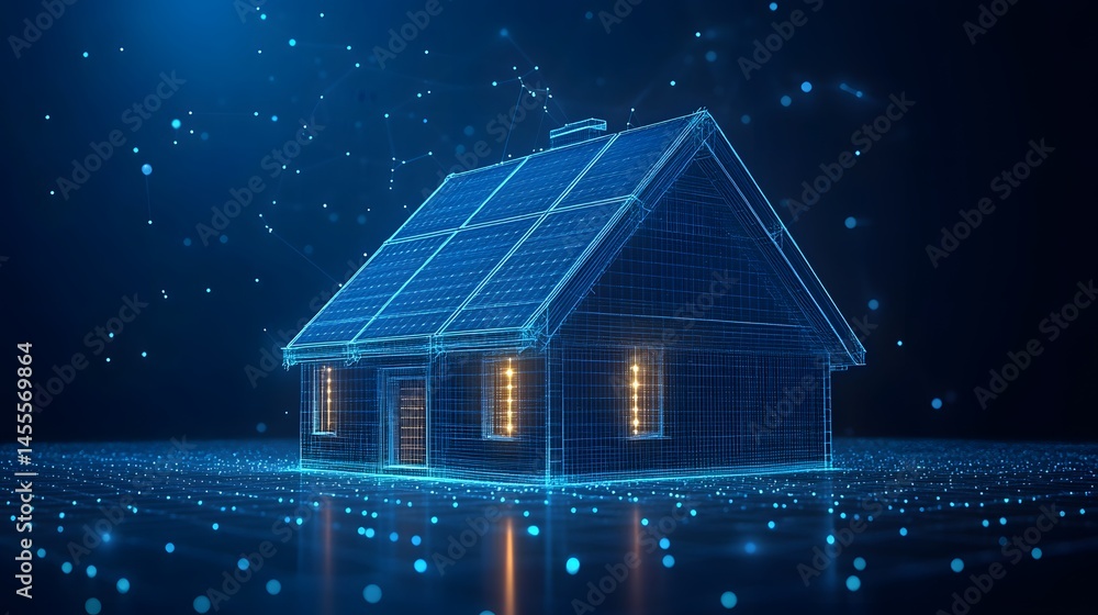 Aufkleber digital wireframe house emitting a warm glow, nestled in a networked, blue environment. modern smart