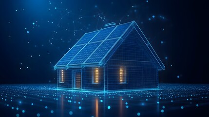 Digital wireframe house emitting a warm glow, nestled in a networked, blue environment. Modern smart home concept illustrated with Abstract Digital low-poly wireframe connected dots in dark blue.