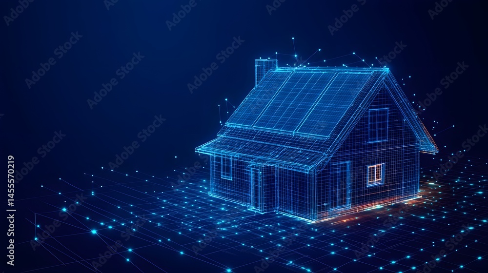 Poster futuristic home design with solar panels illustrated by a glowing blue wireframe on a grid network, 