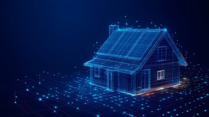 Futuristic home design with solar panels illustrated by a glowing blue wireframe on a grid network, highlighting innovation and sustainable architecture. Abstract Digital low-poly wireframe connected