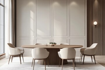 Modern dining room interior design with light beige accents.