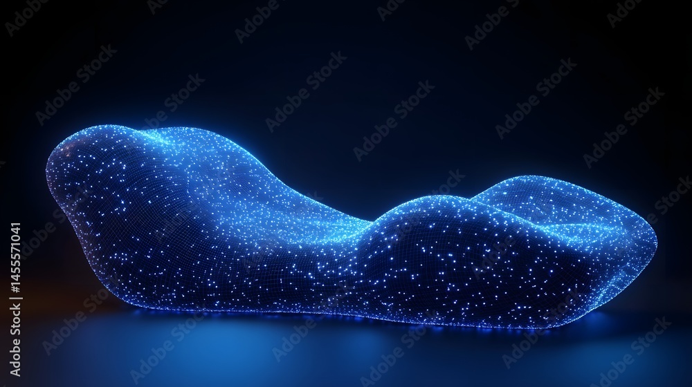 Aufkleber a luminous, wavy blue mesh structure glows, reflected on a dark surface. abstract digital low-poly w