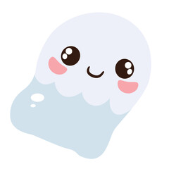 Fototapeta premium An adorable cartoon-style character resembling a ghost or jellyfish with a round white head, large shiny eyes, pink cheeks, and a wavy blue lower part.
