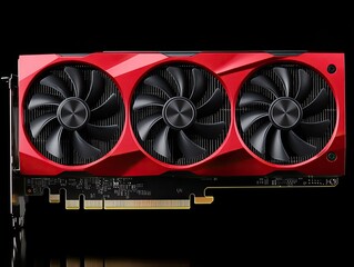 Red and black gaming GPU with three cooling fans, on a black background. Use it for articles about graphics card, gaming, or PC hardware.