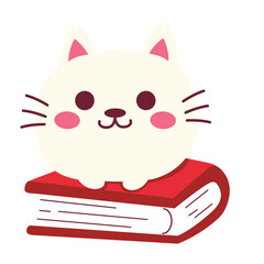 A cute white cartoon cat with pink cheeks, sitting on a closed red book. Designed in a minimal, artistic style for cozy, pet-themed, and reading-related creative projects.