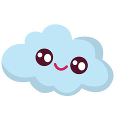 A cheerful blue cloud illustration with a smiling face, featuring round eyes and a curved red mouth. Designed in a soft, cartoon style for friendly and weather-themed projects.