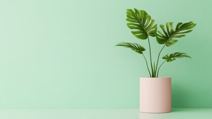 Minimalist Interior with Monstera Plant in Pink Pot Against Light Green Wall Backdrop