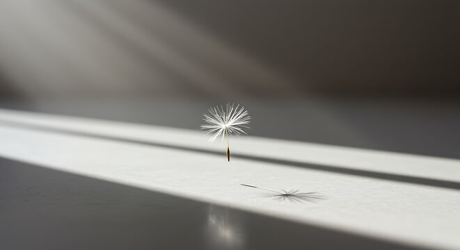 Delicate dandelion seedhead floating gently sunlight streams through windowpane ethereal beauty