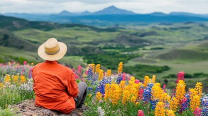 Man in Straw Hat Surrounded by Colorful Flowers in Scenic Landscape
