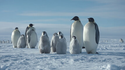 Obraz premium A group of adorable penguin chicks stands on the ice, surrounded by distant figures. Their downy feathers and curious expressions create a mood of innocence and wonder.