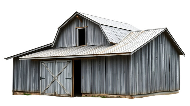 Rustic weathered grey wooden barn with gambrel roof and open door isolated on white background - Powered by Adobe