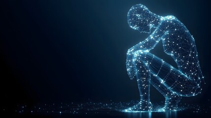 Fototapeta premium Digital contemplation. A glowing figure embodies introspection in a simulated space, evoking tech's impact on human emotion. Abstract Digital low-poly wireframe connected dots in dark blue.
