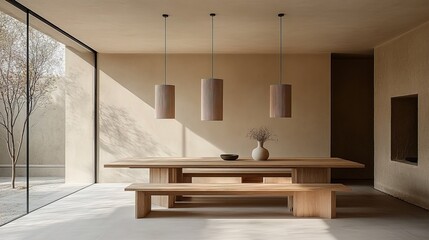A minimalist dining room with a long wooden table and hanging pendant lights