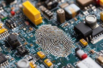 Digital fingerprint made from circuit board components, electronic resistors, and motherboard elements symbolizing identity, technology, and cybersecurity fusion