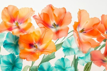 Obraz premium Colorful tulip and pansy floral arrangement, softly rendered.