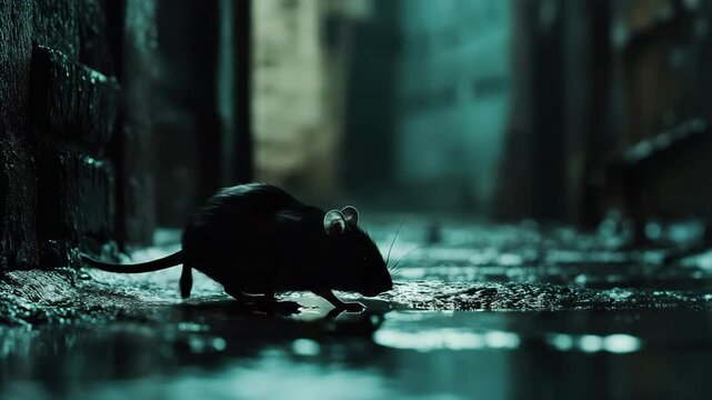 A small rat scurries through a wet alley, searching for food while rainwater gathers around it
