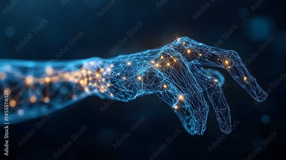 Poster futuristic depiction of a human arm and hand, shown as a blue wireframe with glowing orange nodes. a