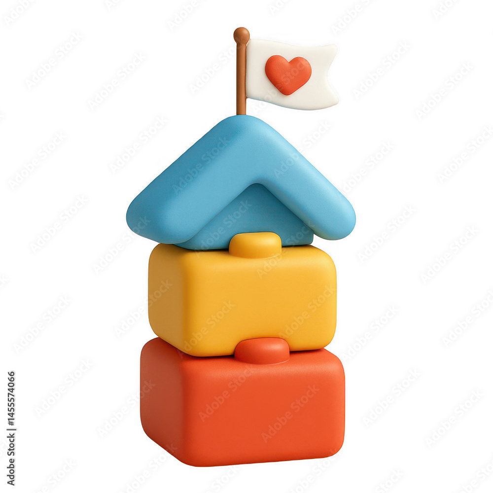 Poster colorful stacked blocks create a charming abstract house structure topped with a white flag bearing 