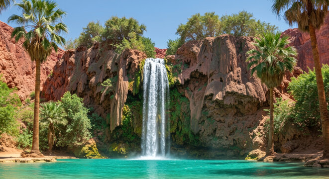 Tropical oasis with turquoise pool beneath waterfall surrounded by red canyon walls and palm trees. Paradise-like contrast of desert and lush vegetation.