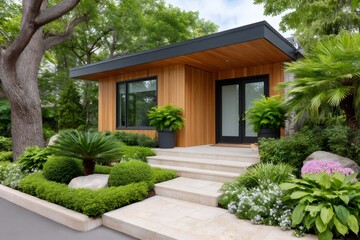Fototapeta premium Modern house exterior with landscaped garden showcasing lush greenery and stone walkway