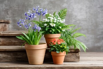 Fototapeta premium Blooming flowers and fern growing in terracotta pots on rustic wooden steps