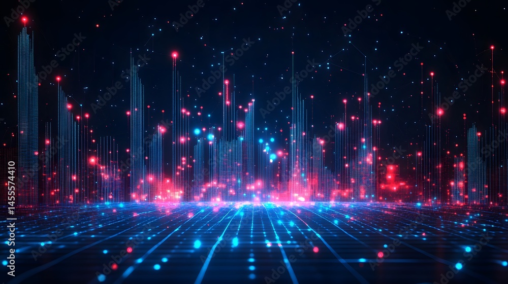 Aufkleber Futuristic cityscape with glowing grid buildings and floating dots. A digital world of interconnected networks and data streams. Abstract Digital low-poly wireframe connected dots in dark blue