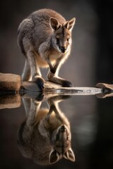 Naklejka premium Enchanting Wallaby Portrait Reflecting in Still Water at Dusk Captivating Wildlife Scene