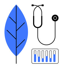 Leaf, stethoscope, and test tubes with blue liquid symbolize health, nature, and scientific research. Ideal for healthcare, sustainability, biology, ecology medicine innovation simple landing page