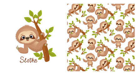 Vector illustration with cute sloth hanging on a branch. Postcard with cartoon character and quote. Baby seamless print with sloth. Isolated on white. Hand drawn © Elena