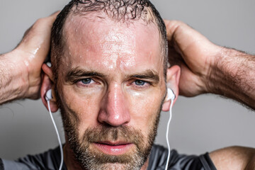 Obraz premium Middle-aged man with receding hairline and sweaty scalp after intense workout session
