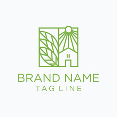 Fototapeta premium Minimalist eco-friendly logo featuring a leaf, sun, and house. Perfect for sustainable living, organic products, or environmentally-conscious real estate branding.