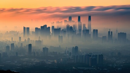 Cityscape at Dawn, Misty Metropolis, Urban Skyline, Breathtaking View, Sunrise Cityscape, Orange Hues, Atmospheric Perspective, Hazy City, Skyline Panorama,  Smoggy City, Urban Sprawl